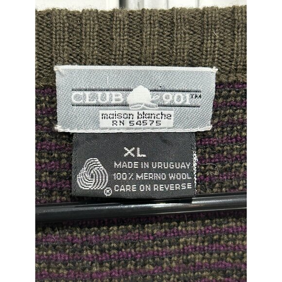 Chevron Patterned Olive Purple V-Neck Sweater Sz XL Made In Uruguay Merino Wool - Picture 5 of 9